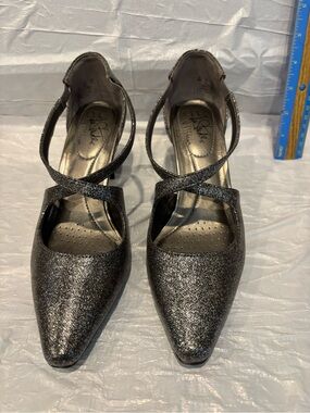 Life Stride Metallic Charcoal Cross-Strap Pointed Heels